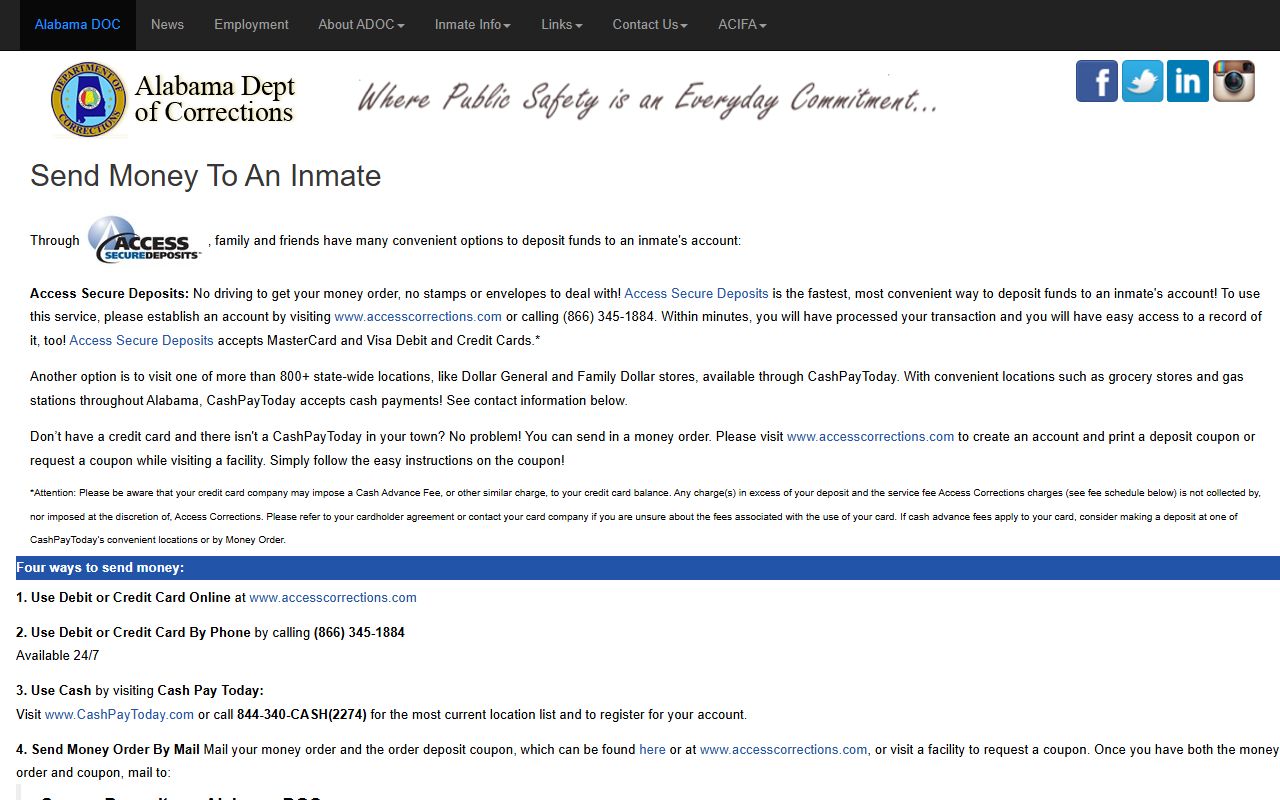 Elba Community Based Facility ADOC inmate money fee schedule