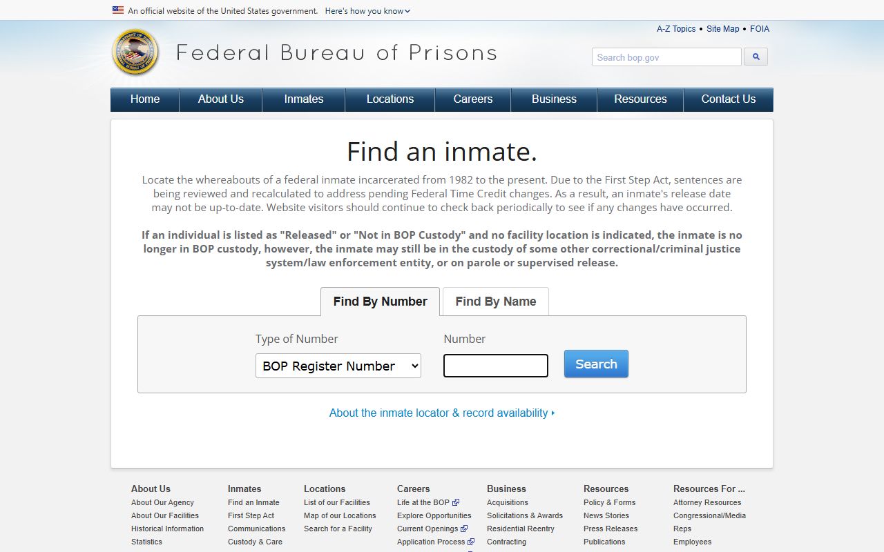 Federal BOP locator used when a Coffee County inmate population search points to federal custody