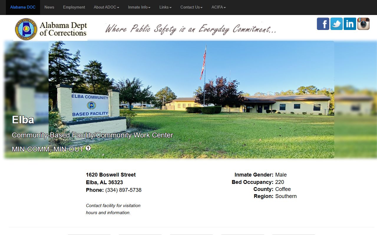 Elba Community Based Facility inmate population ADOC page